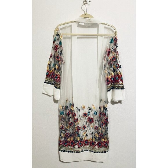 WoWo Top Womens Medium Embroidered Tulle Coverup Open Front Cardigan Boho Flirty - Picture 4 of 7